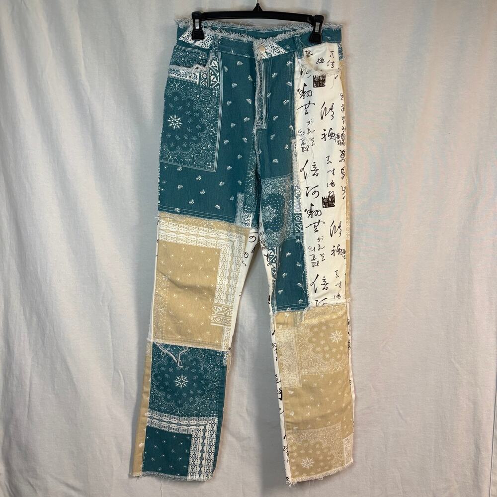 SHEIN Teal Tan Patchwork Bandana Print Raw Hem Jeans Size M Boho Y2K